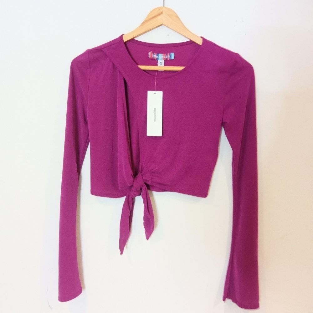 URBAN Outfitters NWT Purple Long Sleeve Crop Top Tie Front Balletcore Sz XS $45